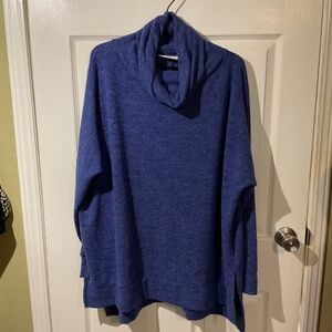 Zenana Brushed Blue Melange Hacci Cowl Neck Oversized Poncho Sweater
